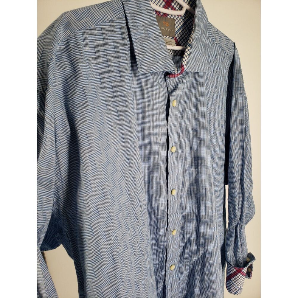 Thomas Dean‎ Sleek Mens Blue Check Plaid Designer Button Front Shirt Size 2X